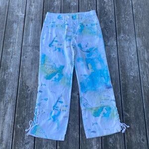 Chico’s Linen Cotton Blend Coastal Blue & White Fish Print Pants w Lace Up Legs